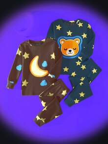 THE HAPPY LOOK 4pcs Young Boy Cartoon Animal Print Soft Knit Snug Fit Pajama Set, Round Neck Long Sleeve Top And Elastic Waist Long Pants - Multicolor - View 1