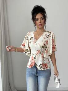 SHEIN Elenzya Áo kiểu thanh lịch màu mơ in hoa, cổ chữ V, eo nhún, tay bồng, thích hợp mặc đi làm, đi nghỉ mát hoặc dự tiệc trà chiều, mùa xuân/hè. - Màu be - Xem 5