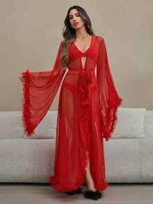 HautHeat Women's Solid Color Mesh Flare Sleeve Elegant Robe - Red - View 4
