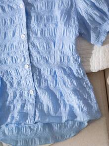 Tween Girl Light Blue Gingham Button-Up Blouse,Puff Sleeve Ruffled Hem Cute Summer Top For Beach,Vacation,Holiday,School Days Or Daily Stylish Looks - Blue - View 5