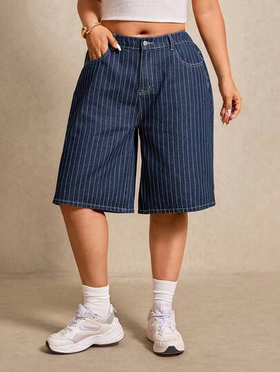 Elaquor 蓝色加大码牛仔短裤 街头性感宽松裤 Y2k 斜插口袋牛仔七分裤