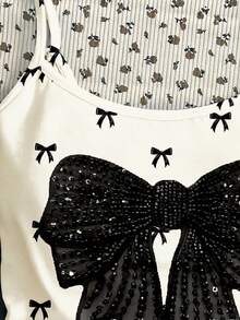 少女休闲超可爱芭蕾舞风格迷你蝴蝶结印花极简吊带背心，夏季上衣 - 彩色 - 查看 4