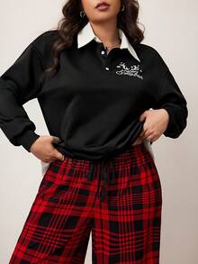 Enliva Plus Size Women's Colorblock Shirt Collar Sweatshirt And Red Plaid Pants Set, Christmas Pattern And Elastic Waist Details Set, Compatible With Apple Rounded Body Shape/2026 /New Year - Multicolor - View 8