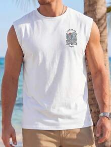 VIVINTIMO 男士休闲波浪图案白色背心，带抽绳和松紧腰设计，适合夏季 - 白色 - 查看 2