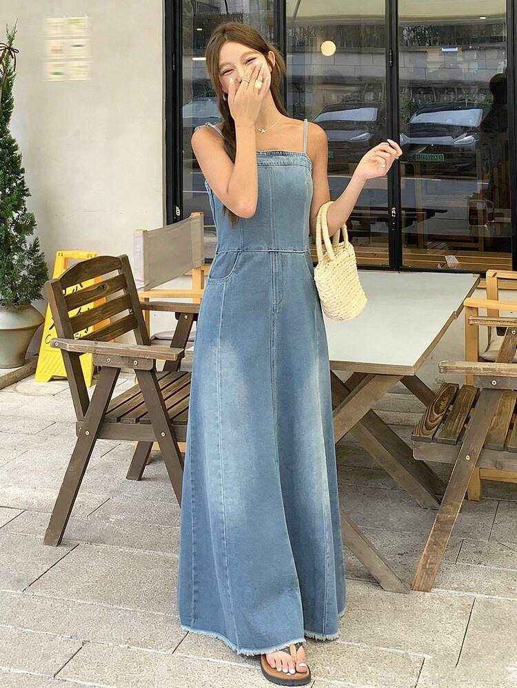 Women's Spaghetti Strap Washed Denim Dress, Korean Style