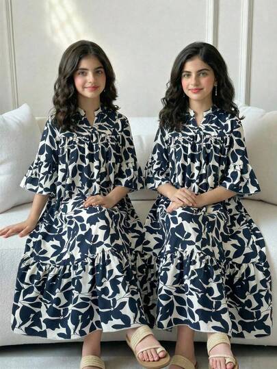 Tween Girl Vacation Floral Print V-Neck Flare Sleeve Casual Dress