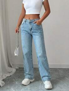 SHEIN PETITE Zipper Fly Wide Leg Jeans - Light Wash - View 5