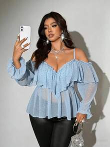 Viva Relle Blusa sexy de manga larga con tirantes finos, hombros descubiertos y volantes, para talla grande en verano - Celeste - Ver 5