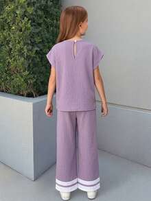 Firerie Kids Bộ áo sọc và quần ống đứng cho bé gái tuổi teen, thời trang, đa năng, phù hợp cho tiệc tùng, đi chơi, chụp ảnh cùng chị em, công viên, cắm trại, kỳ nghỉ, mặc hàng ngày. - Nhiều màu - Xem 2