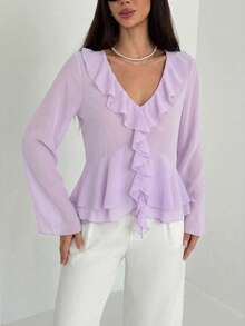 Aloruh Áo nữ kiểu dáng tối giản, thời trang thường ngày, phong cách Bohemian, cổ chữ V sâu, tay dài xòe, trang trí bèo nhún, thích hợp mặc đi làm. - Màu Lilac Tím - Xem 4