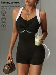 SHEIN With My Calm Women's Black Tight-Fitting Splicing Shoulder Strap Romper, Suitable For Daily Casual, Running, Yoga, Gym, Tennis, Golf In Spring/Summer - Black - View 1