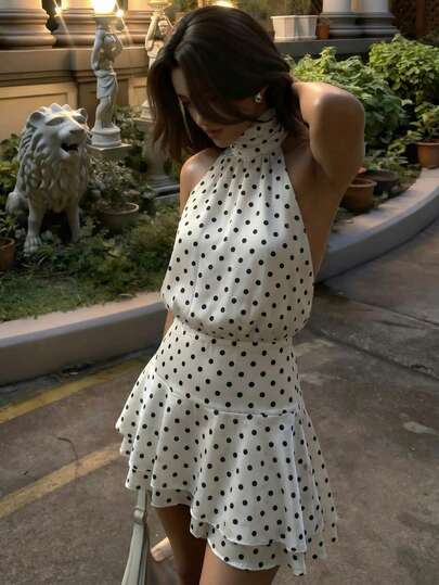 SHEIN SXY Women's Polka Dot Halter Mini Dress For Dates & Parties, High Neck Dress, Poka Dots, Polka Dot Dress Women, Polka Dot Mini Dress, Halter Neck Dress, Polka Dots, Classy Summer Dress Whimsical,Sundress