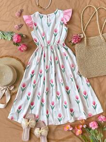Tween Girl Print Dress, Fashion Design Suitable For Outing, Vacation, Parties And Other Occasions, Spring/Summer - Multicolor - View 2