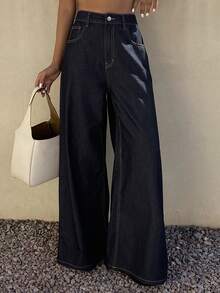 DAZY Quần jeans nữ ống rộng cạp cao dáng suông tối giản, thích hợp mặc hàng ngày đi làm. - Rửa tối - Xem 3