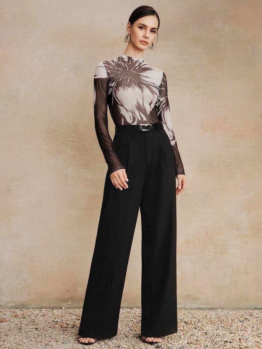 Anewsta Elegant High Neck Fitted Black Long Sleeve T-Shirt, Vintage Floral Print Mesh Undershirt For Women - Black - View 1