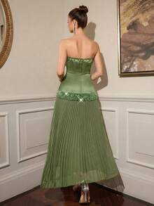 Poshira Vestido formal elegante de unicolor y ajustado con pliegues para mujer - verde menta - Ver 2