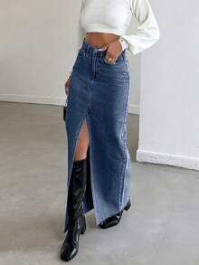 EURMUSE Women's Casual Denim Skirt With Pockets And Side Slit - Dusty Blue - View 3