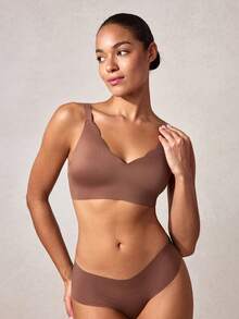 Veilyse 1pc Seamless Minimalist Wavy Edge Solid Color No Underwire Push Up Full Coverage Women Bra - Coffee Brown - View 4