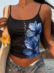 Teen Girls' Casual Vacation Style Black Background Blue Floral Print Camisole Women's Summer Tops Cami Tops For Teen Cami For Girls Flower Top Flower Tank Top Summer Cami Tops Summer Tank Top Flower Cami Top Teen Flower Tops - Black - View 2