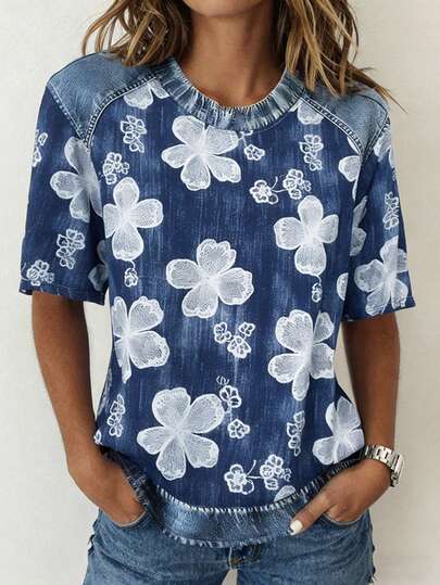 Glimmora Women's Summer Floral Print Denim Effect T-Shirt