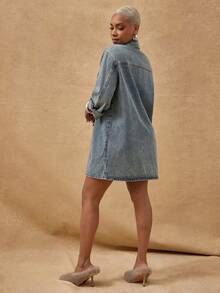 Vixey Casual Long Sleeve Pointed Collar Button Up Denim Dress - Medium Wash - View 2