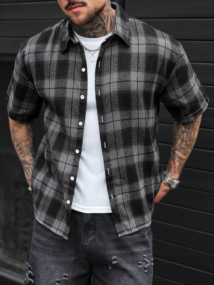 SLATEMANN Camisa casual de manga corta con un solo abotonado y estampado de cuadros para hombres - Multicolor - Ver 1