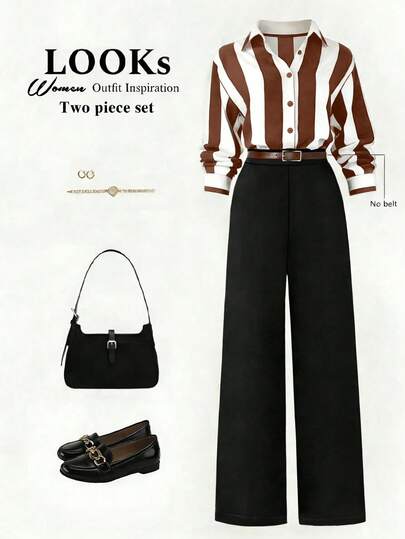 Franclia Women's Striped Shirt Top And Solid Color Straight Leg Pants 2 Piece Set, Casual Versatile Fashion Outfit