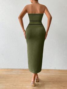 Pariaura Đầm dệt kim cúp ngực gợi cảm dành cho nữ mùa Thu/Đông, phong cách nghỉ dưỡng cao cấp. - xanh quân đội - Xem 2