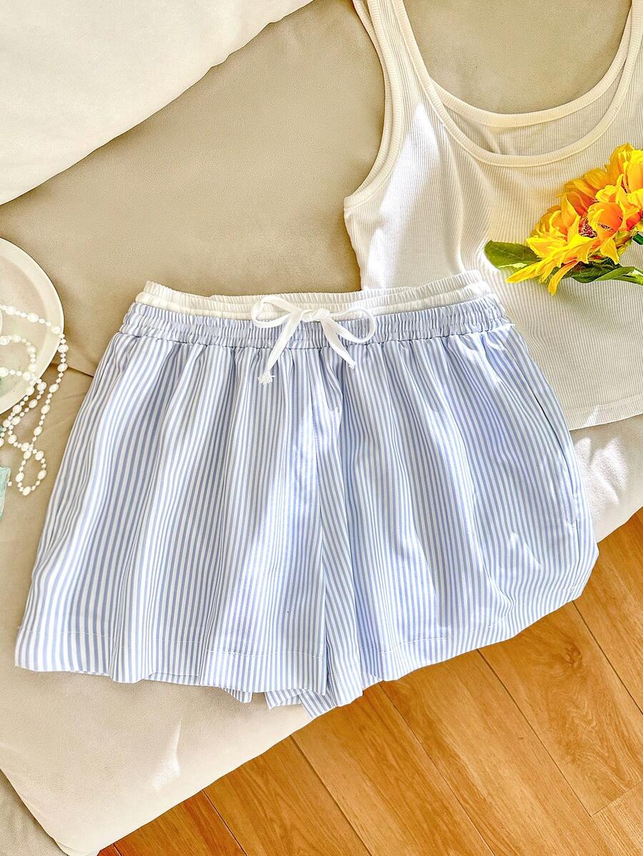 Resyla 美国蓝白竖条纹短裤，女士夏季休闲百搭阔腿裤 - 彩色 - 查看 1