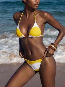 Maija Women's Vacation Casual Printed Halter Bikini Set - Yellow - View 3