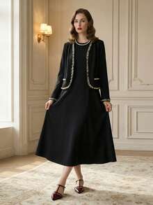 Suri Mira Bộ 2 món gồm áo khoác cardigan dài tay màu đen phối ngọc trai thanh lịch và chân váy dài cổ tròn đính ngọc trai dành cho nữ, thích hợp cho mùa Thu/Đông. - màu đen - Xem 4