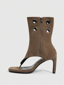 CUCCOO SZL Knee High Stiletto Boots With Side Zipper And Metal Grommet Detailing Open Toe Design For Christmas - Khaki - View 4