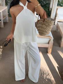 SHEIN EZwear 白色梭织女士休闲背心和裤子套装 - 白色 - 查看 3