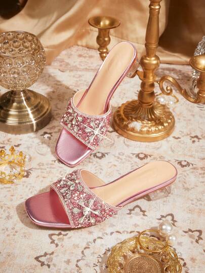 CUCCOO TILAWA Women's Fashion Crystal Heel Embellished Slip-On High-Heeled Sandals, Suitable For Outdoor Events And Parties, Spring Shoes, Spring Break Easter Dance Heels Summer Shoes
