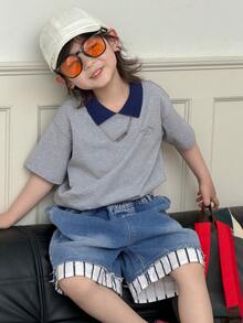 DAZY Young Boy Contrast Color Collar Short Sleeve Casual Loose T-Shirt Summer - Grey - View 7