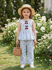 SHEIN Vintaside Kids Young Girls 2pcs Set: Sleeveless Plaid & Cherry Print Top With 3D Cherry Decor + Loose Wide Leg Pants, Suitable For Casual, Beach, Holiday, Summer - Blue - View 5