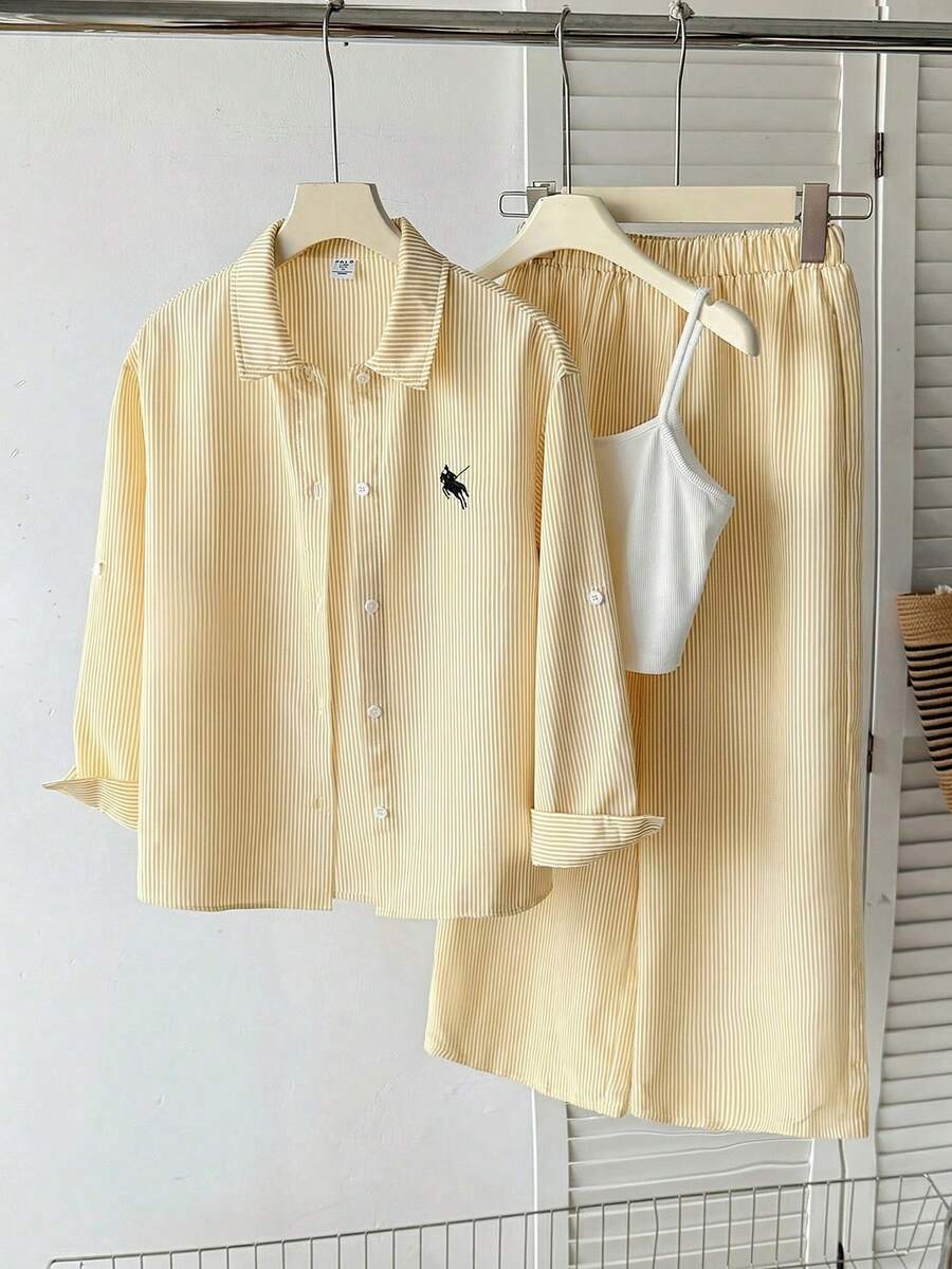 SHEIN Tween Girl Tween Girl Loose Casual Simple Comfortable Collared Shirt Vest Pants Set Fall/Winter Outfits - Yellow - View 1