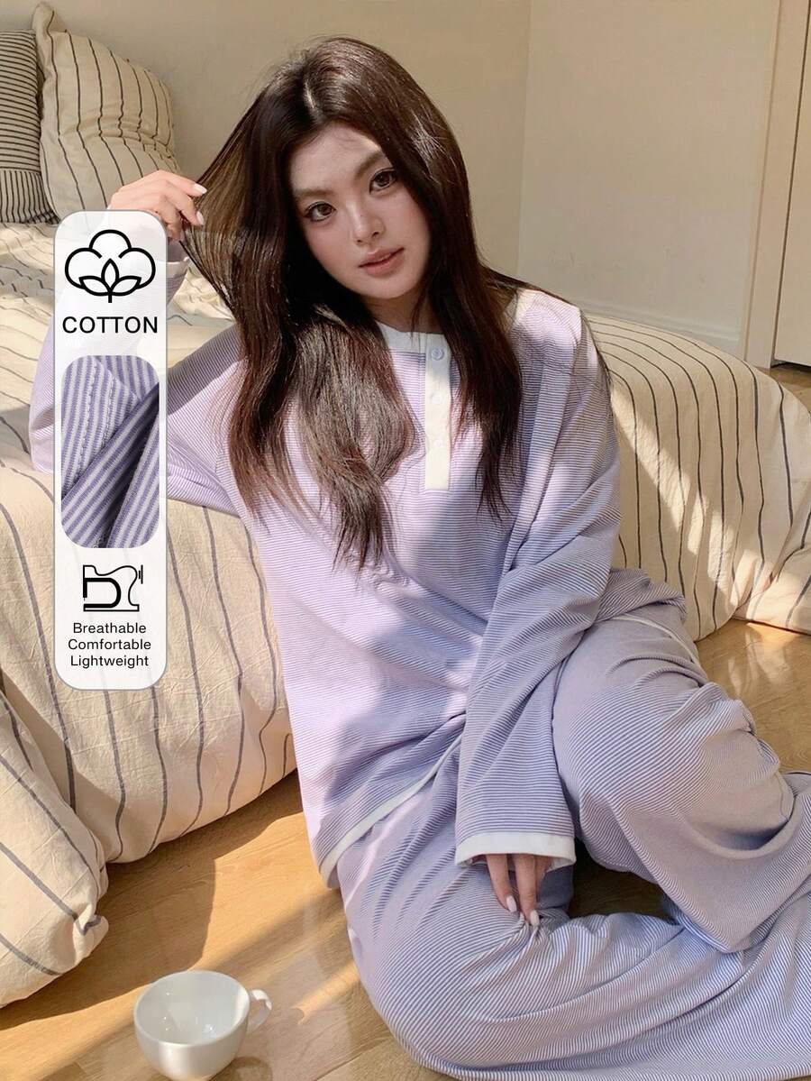 Dazy Plus Plus Size Contrast Trim Long Sleeve Top And Pants Pajama Set - Purple - View 1