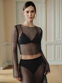 Anewsta High-End Design Black & Gold Rhinestone Mesh Long Sleeve Cropped Top, Mature Women's Theme Party Trendsetter Chic Outfit - Black - View 4