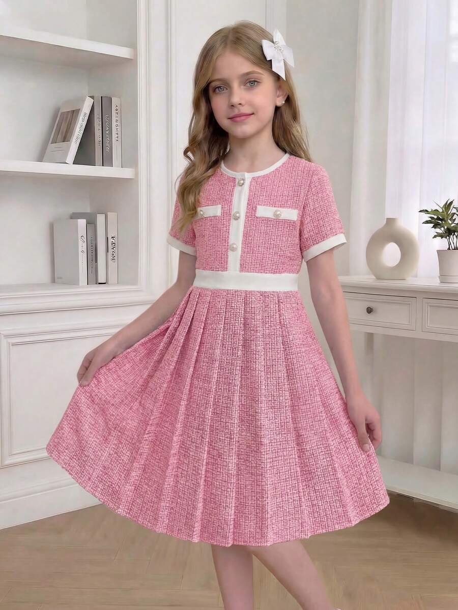 Elladie kids 1件装少女夏季新款白色收腰半开襟褶裥下摆圆领短袖连衣裙,简约百搭甜美度假风和休闲优雅学院风 - 玫紅色 - 查看 1