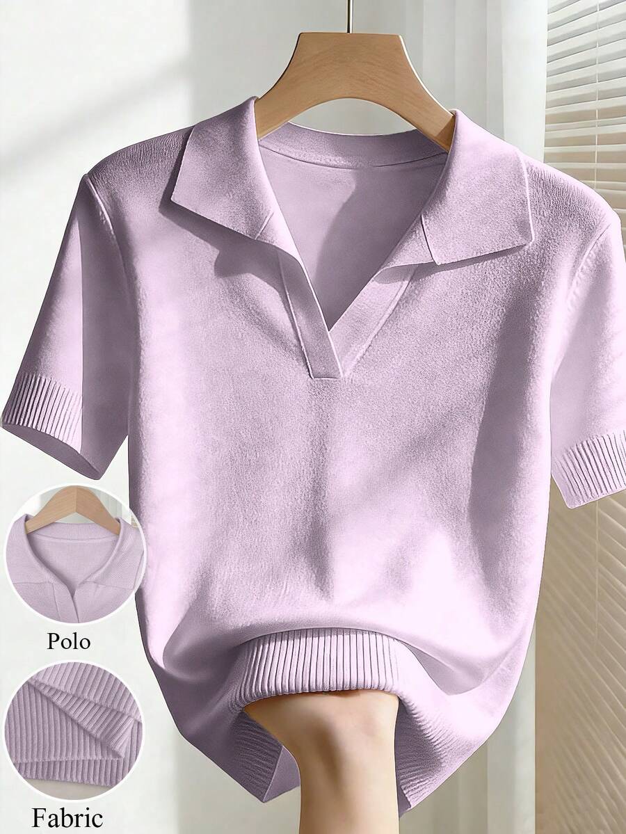 Franclia Atasan Rajut Wanita Lengan Pendek Kerah Lipat Warna Polos Sederhana, Pas Badan, Serbaguna untuk Musim Semi dan Musim Panas - Purple - View 1