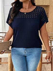 SHEIN Clasi 大码女式圆领短袖镂空设计优雅休闲通勤T恤，夏季穿着更显身材 - 藏蓝色 - 查看 3