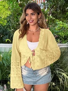 Ceyna Cardigan Pantai Lengan Lebar Model Longgar Warna Polos Ukuran Plus dengan Hiasan Pita dan Trim Kerang - Kuning - View 4