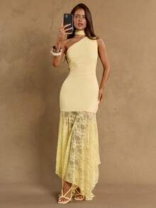 SHEIN BAE Đầm dài thanh lịch dành cho nữ với vạt áo xếp ly bất đối xứng, ren tương phản, cổ áo bất đối xứng, trang trí thắt nơ, thích hợp cho mùa xuân/hè, kỳ nghỉ, đám cưới, phù dâu, sinh nhật, lễ tốt nghiệp. - Màu vàng - Xem 5