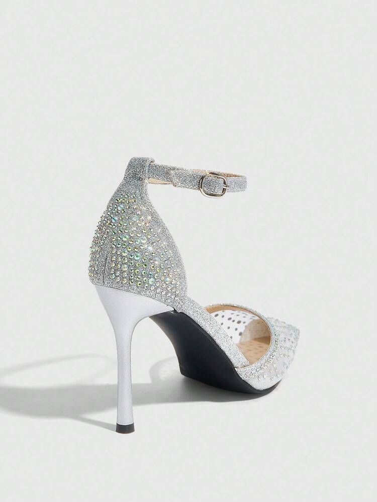 CUCCOO SZL Women's Silver Pointed Toe Rhinestone Mesh Glitter Luxury Party Wedding Sexy High Heel Pumps