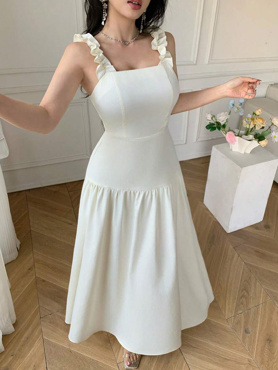 Celisse Square Neck Ruffle Trim Adjustable Shoulder Strap Elastic Waist Dress For Women - Apricot - View 1