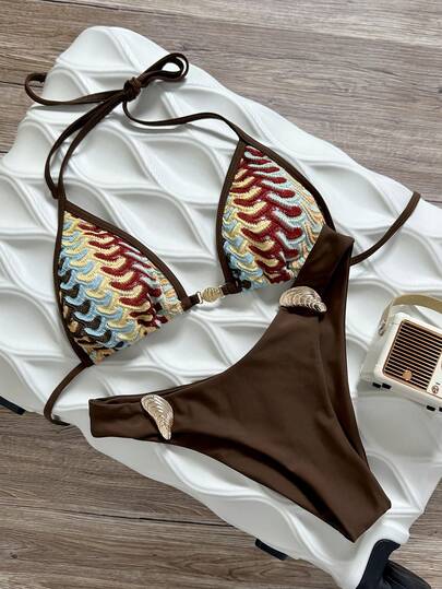 Swim Vcay Spring/Summer Knit Jacquard Triangle Wireless Halter Top And Solid Color Swim Shorts Women Beach Holiday Swimwear Set