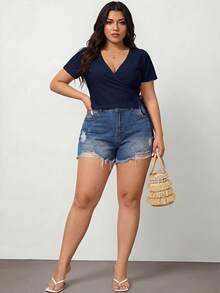 Enliva Plus Size V-Neck Short Sleeve Casual Tie Side T-Shirt, For Apple And Rounded Body Shape - Navy Blue - View 3