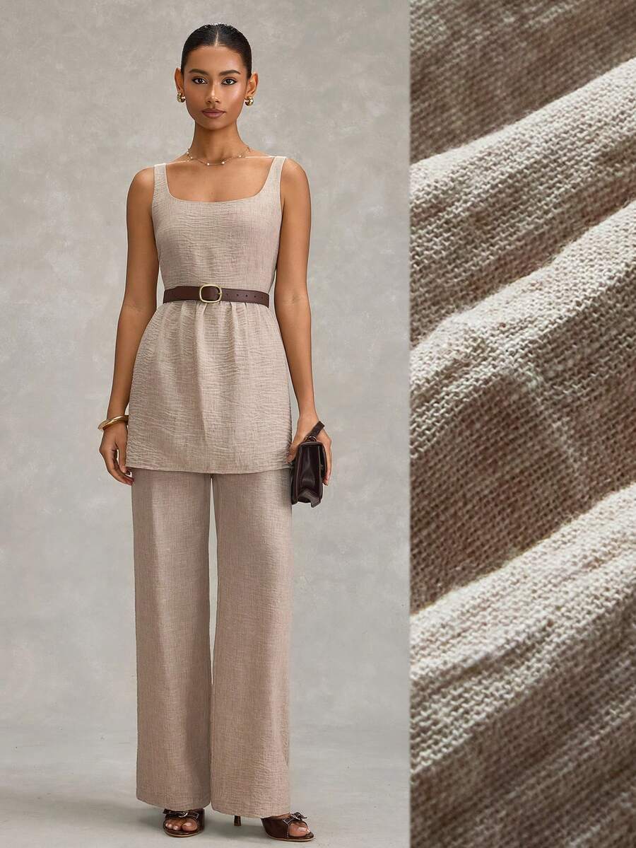 SHEIN Women Two Pieces Outfits Tops And Wide Leg Pant Suit Sets - Brown - View 1