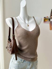 DAZY Women's Khaki Sleeveless V-Neck Fitted Knit Top - Grey - View 10